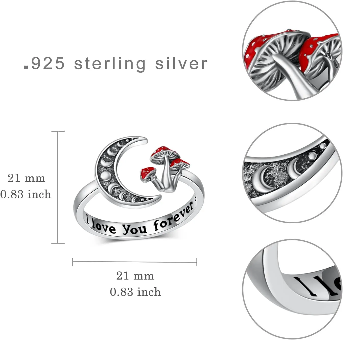 Moon Mushroom Ring for Women,925 Sterling Silver Magical Red Mushroom Rings Moon Phase Open Rings,Anniversary Birthday Gifts for Women Teen Mom