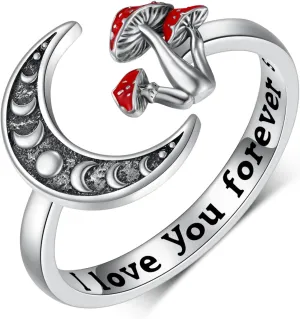 Moon Mushroom Ring for Women,925 Sterling Silver Magical Red Mushroom Rings Moon Phase Open Rings,Anniversary Birthday Gifts for Women Teen Mom