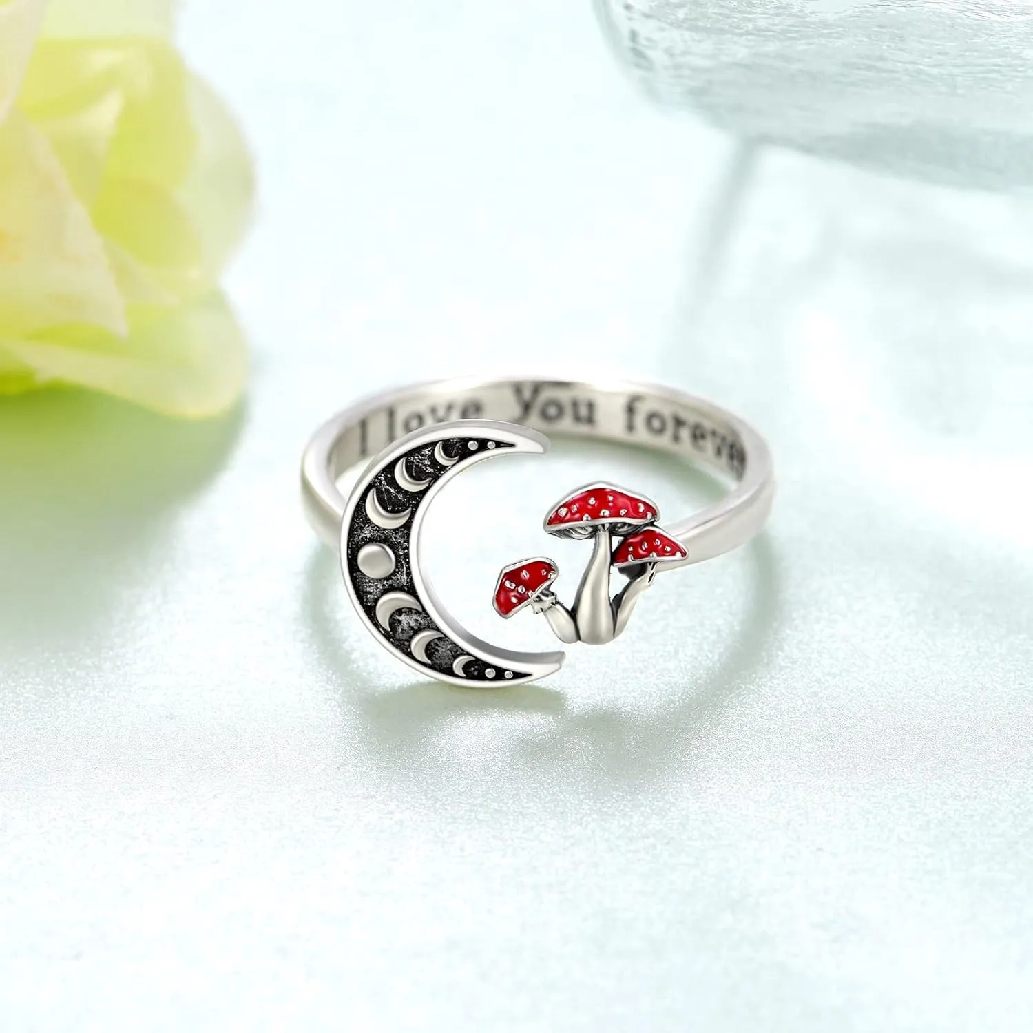 Moon Mushroom Ring for Women,925 Sterling Silver Magical Red Mushroom Rings Moon Phase Open Rings,Anniversary Birthday Gifts for Women Teen Mom