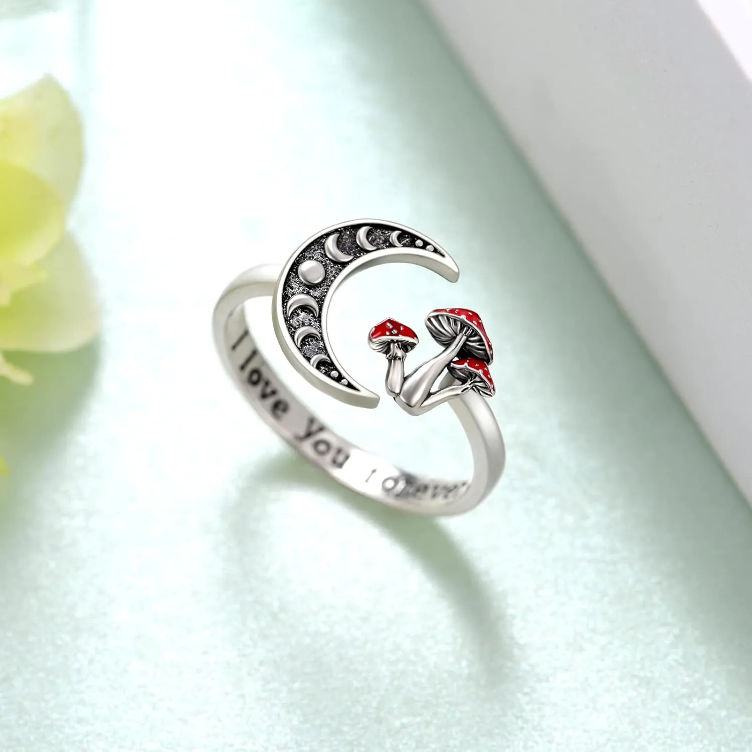 Moon Mushroom Ring for Women,925 Sterling Silver Magical Red Mushroom Rings Moon Phase Open Rings,Anniversary Birthday Gifts for Women Teen Mom
