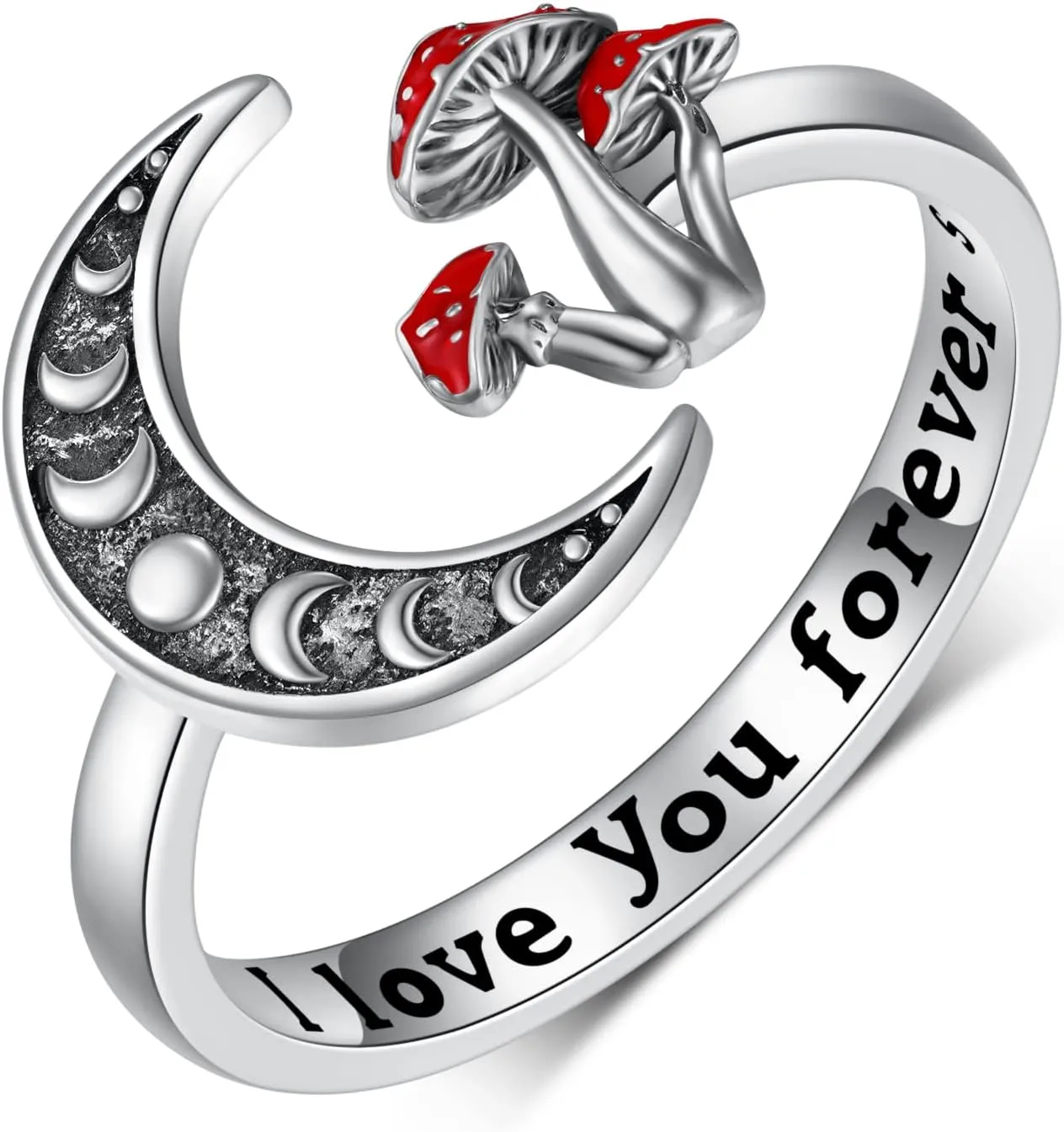 Moon Mushroom Ring for Women,925 Sterling Silver Magical Red Mushroom Rings Moon Phase Open Rings,Anniversary Birthday Gifts for Women Teen Mom