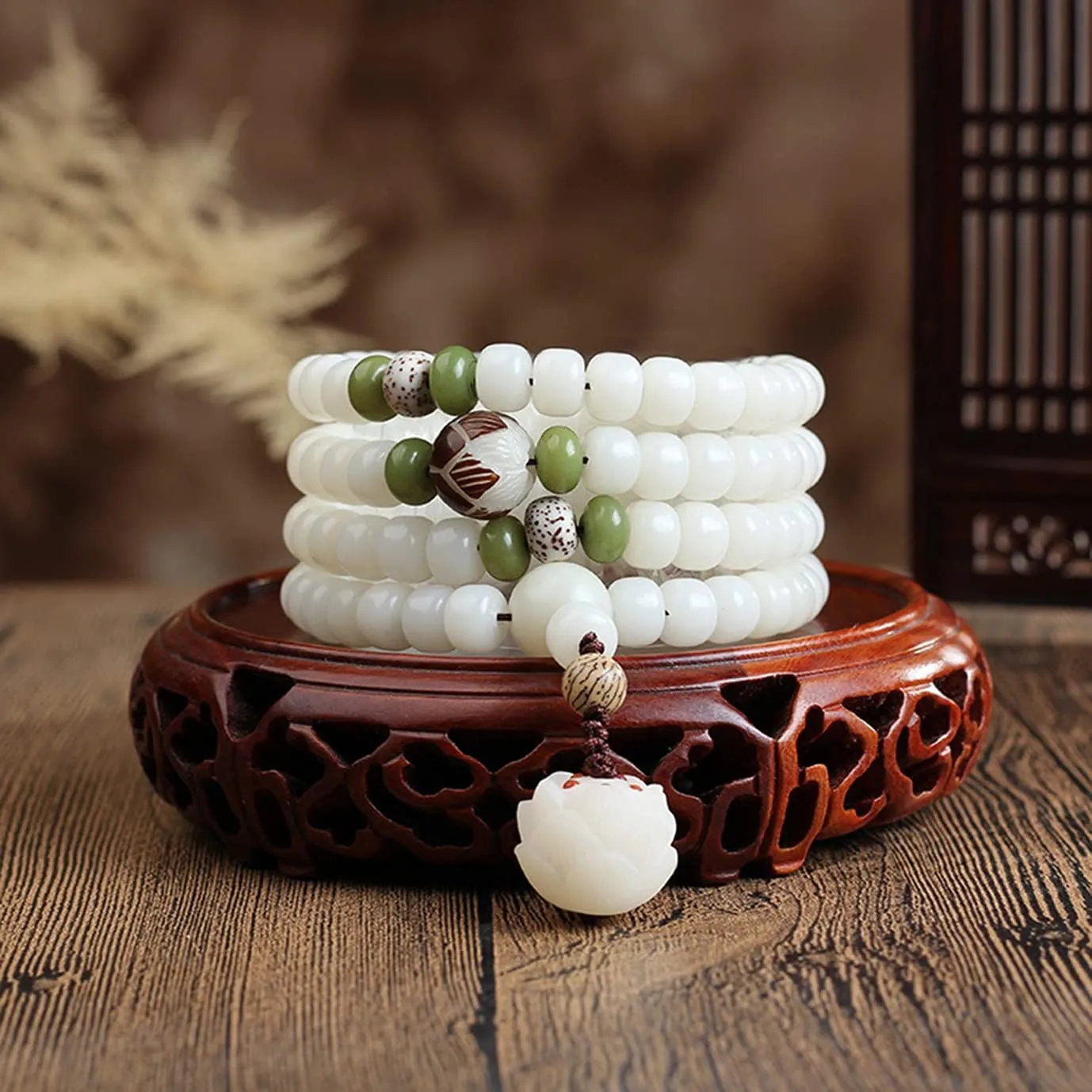 Moonetto White Jade Natural Bodhi Root 108 Mala Prayer Mantra Beads Meditation 3-Layer Lotus Hand String Multiplayer Bracelet