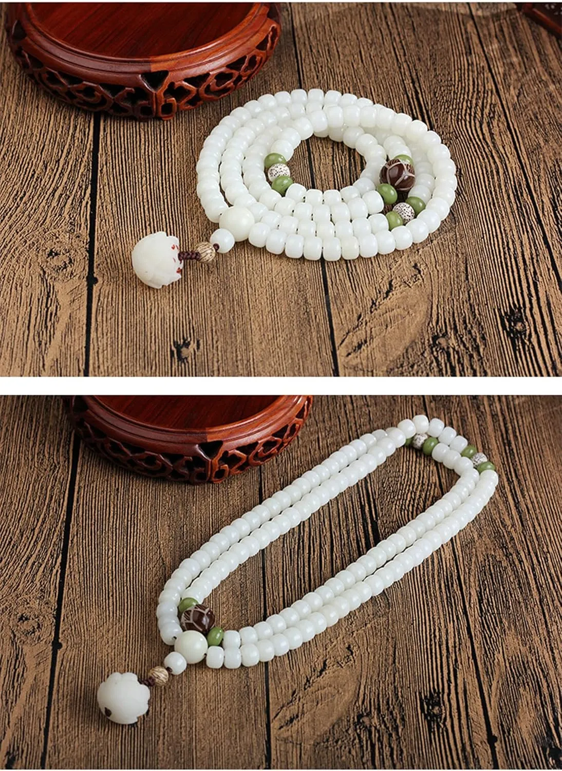 Moonetto White Jade Natural Bodhi Root 108 Mala Prayer Mantra Beads Meditation 3-Layer Lotus Hand String Multiplayer Bracelet