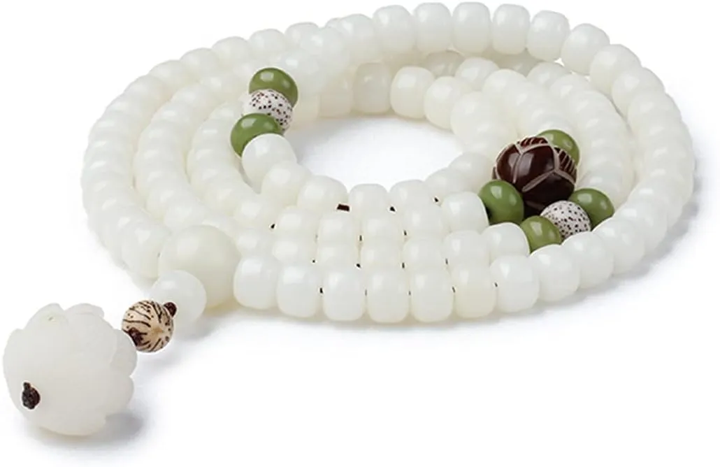 Moonetto White Jade Natural Bodhi Root 108 Mala Prayer Mantra Beads Meditation 3-Layer Lotus Hand String Multiplayer Bracelet