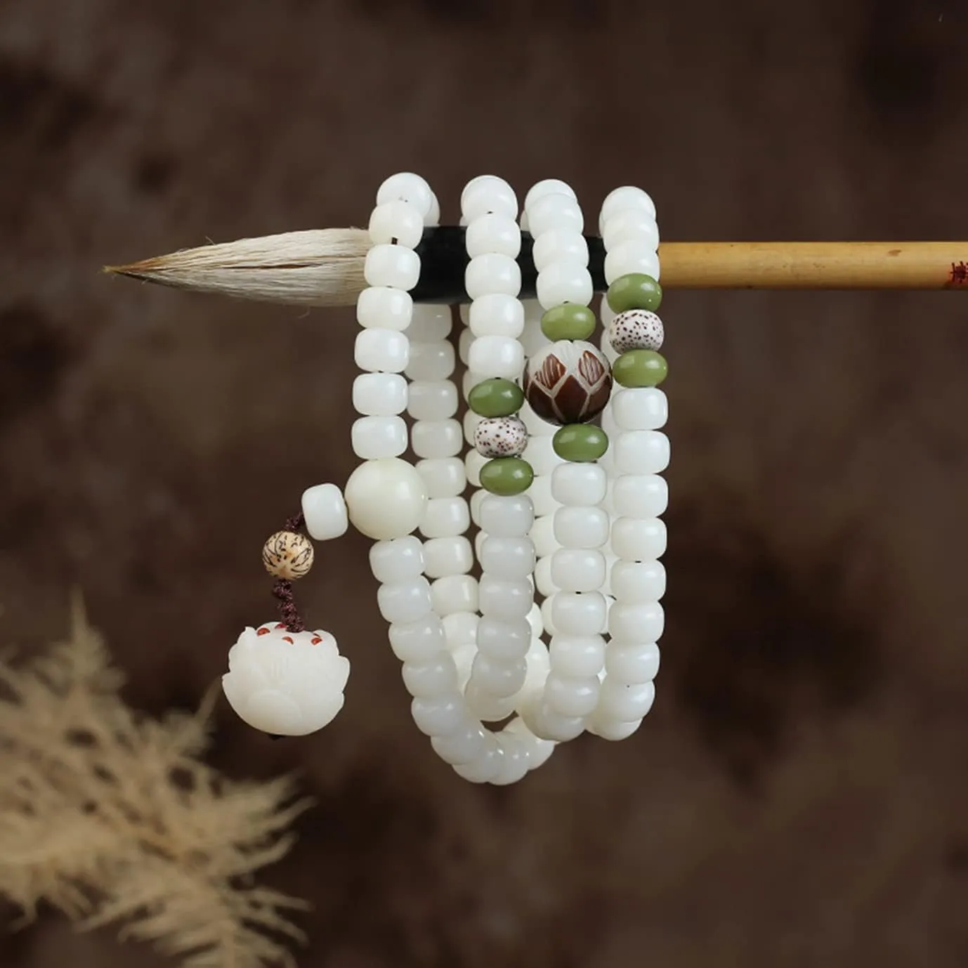 Moonetto White Jade Natural Bodhi Root 108 Mala Prayer Mantra Beads Meditation 3-Layer Lotus Hand String Multiplayer Bracelet