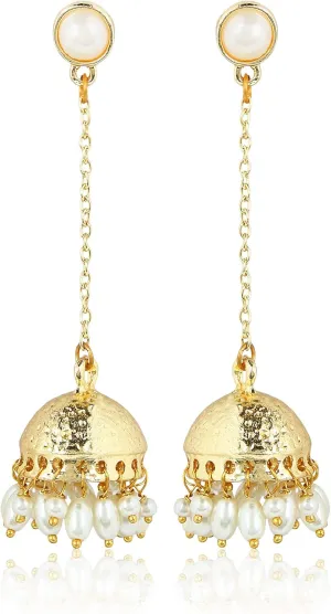 Moonstruck Traditional Long Indian Jhumka Jhumki Golden Dangle Earrings With Pearl For Women