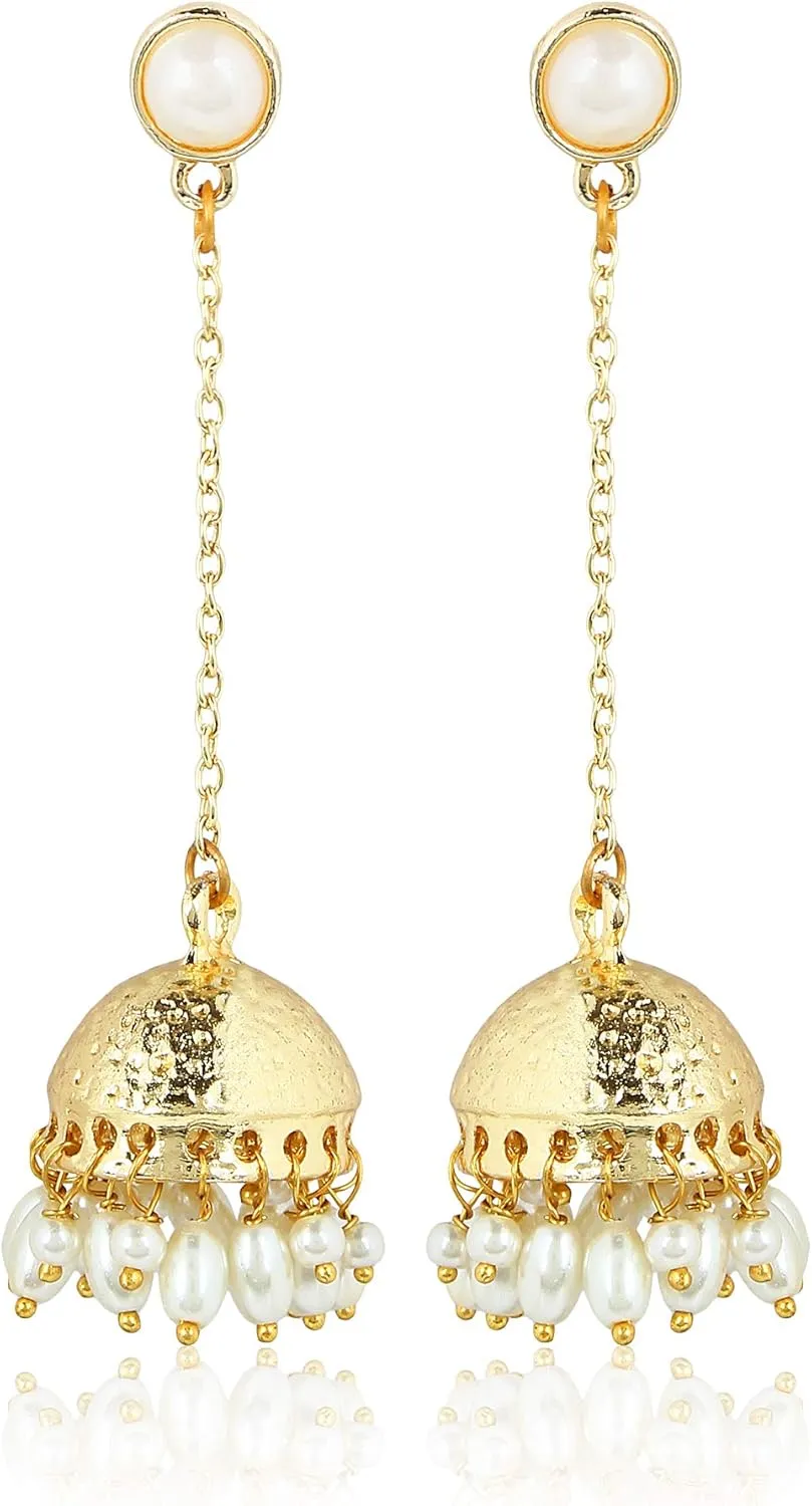 Moonstruck Traditional Long Indian Jhumka Jhumki Golden Dangle Earrings With Pearl For Women