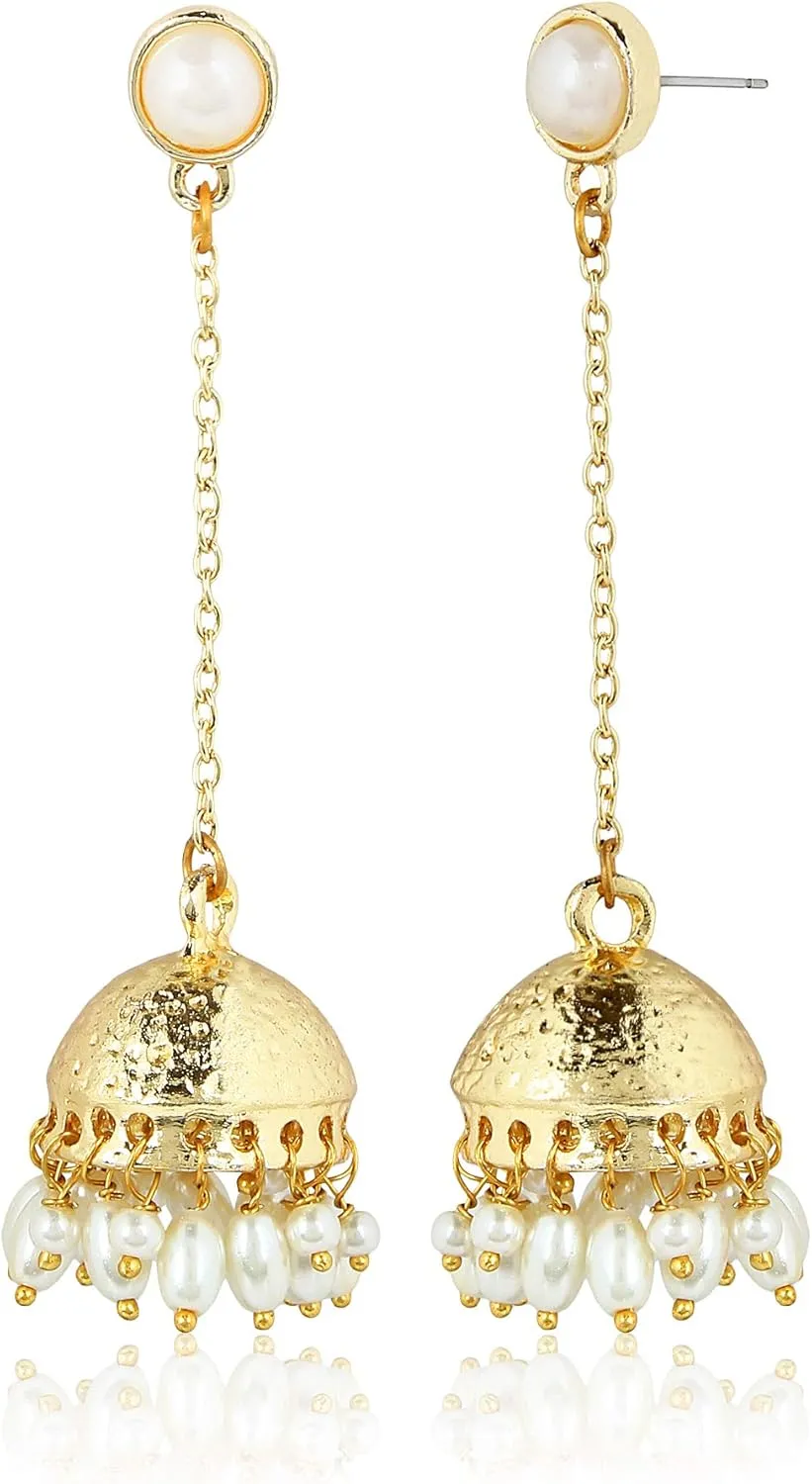 Moonstruck Traditional Long Indian Jhumka Jhumki Golden Dangle Earrings With Pearl For Women