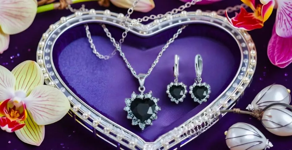 Mother's Day Gift- Elegant Sterling Silver Classic Heart Design Jewelry Set- Simulated Gemstones Pendant Necklace & Earrings with Crystal Halo- Love That Shines- Stunning Gift for Women Mom Wife Her