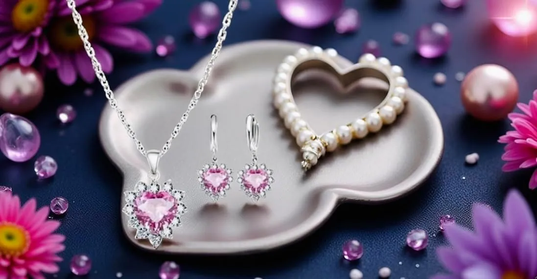 Mother's Day Gift- Elegant Sterling Silver Classic Heart Design Jewelry Set- Simulated Gemstones Pendant Necklace & Earrings with Crystal Halo- Love That Shines- Stunning Gift for Women Mom Wife Her
