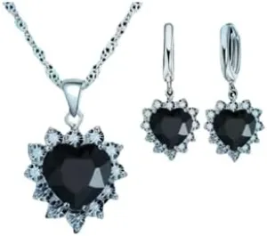 Mother's Day Gift- Elegant Sterling Silver Classic Heart Design Jewelry Set- Simulated Gemstones Pendant Necklace & Earrings with Crystal Halo- Love That Shines- Stunning Gift for Women Mom Wife Her
