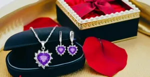 Mother's Day Gift- Elegant Sterling Silver Classic Heart Design Jewelry Set- Simulated Gemstones Pendant Necklace & Earrings with Crystal Halo- Love That Shines- Stunning Gift for Women Mom Wife Her