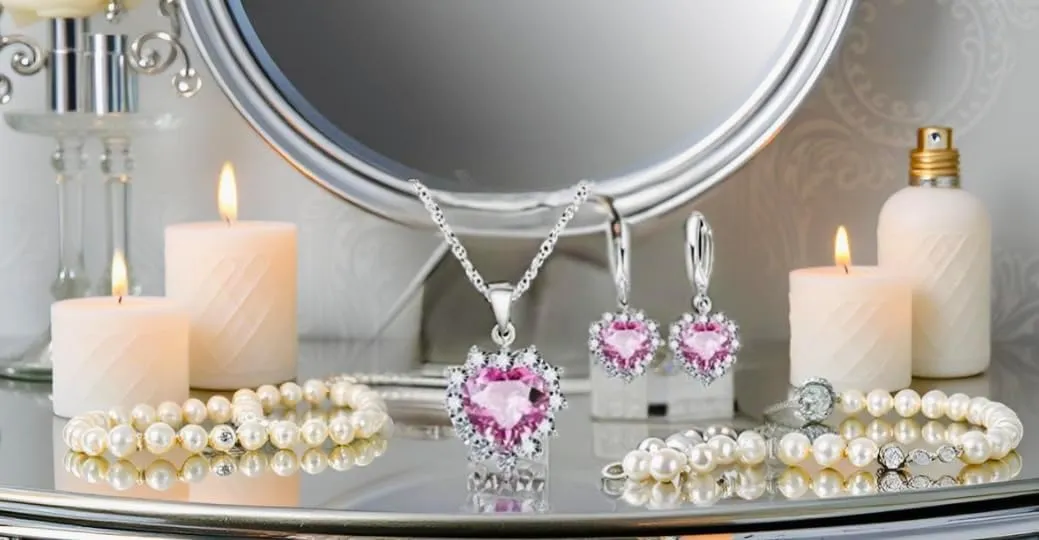Mother's Day Gift- Elegant Sterling Silver Classic Heart Design Jewelry Set- Simulated Gemstones Pendant Necklace & Earrings with Crystal Halo- Love That Shines- Stunning Gift for Women Mom Wife Her