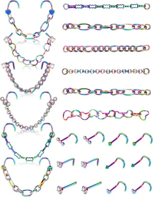 MTLEE Nose Ring Chain Piercing Across Double Nose Stud CZ Heart Ball l Shaped Stainless Steel Piercing Jewelry Nostril Chain for Women Men
