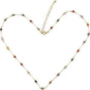 Multi Colored Gemstone Beads Strand Necklace for Women Teens Adjustable Length Brass Plated 18K gold Slender Lightweight Bohemia Boho