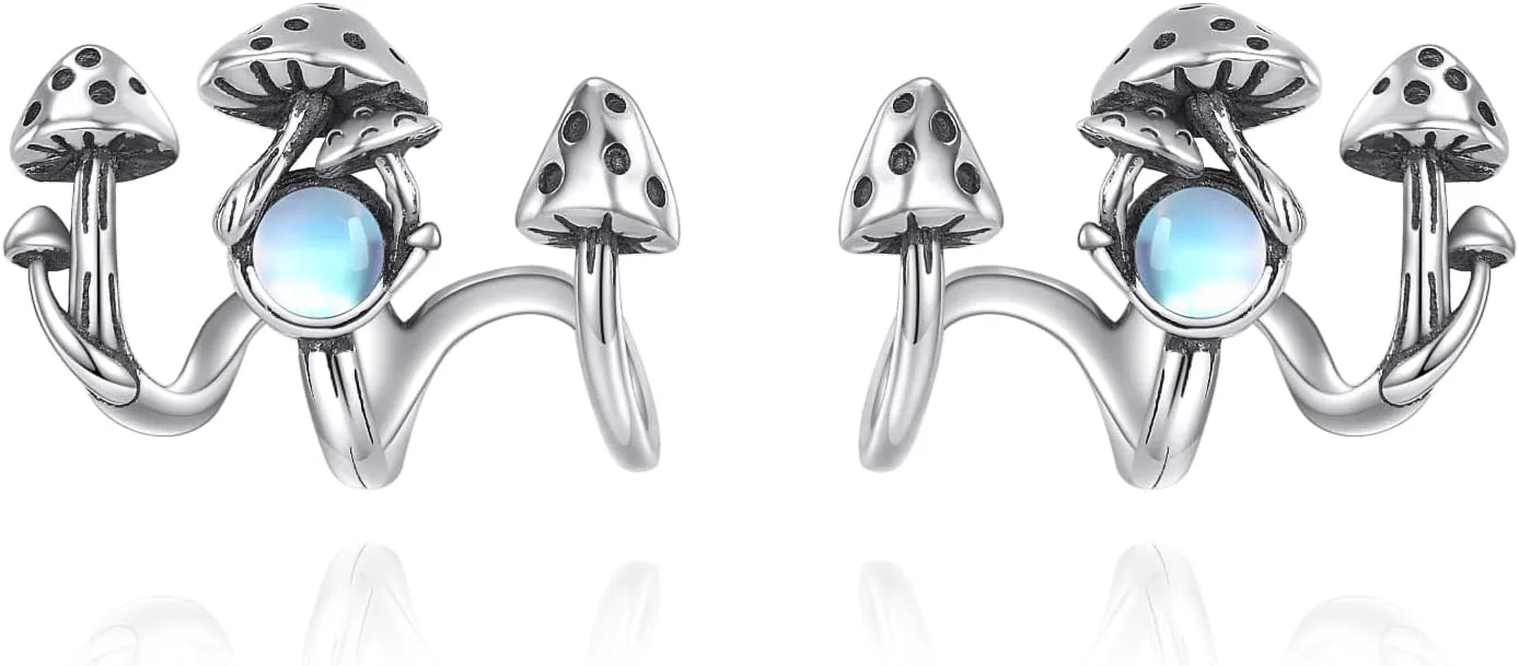 Mushroom Claw Stud Earrings S925 Sterling Silver Moonstone Mushroom Earrings Mushrooms Ear Cuff Jewelry Gifts for Women Mom