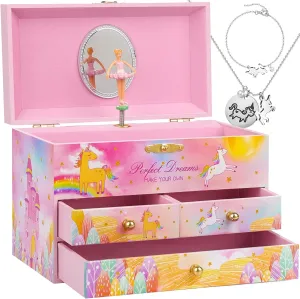 Musical Jewelry Box for Girls, Unicorn Necklace & Bracelet Set with 3 Pullout Drawers Spinning Ballerina Jewelry Box for Girls Kids Christmas Birthday Gift Waltz of Flowers Tune, Colorful