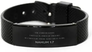 Nahum 1:7 Christian Black Shark Mesh Bracelet Gifts, Faith Message Prayer Nahum 1:7 Religious Bracelets for Women Men Nahum 1:7 Bible Verse Inspirational Mantra Adjustable Bracelet Power of Faith The