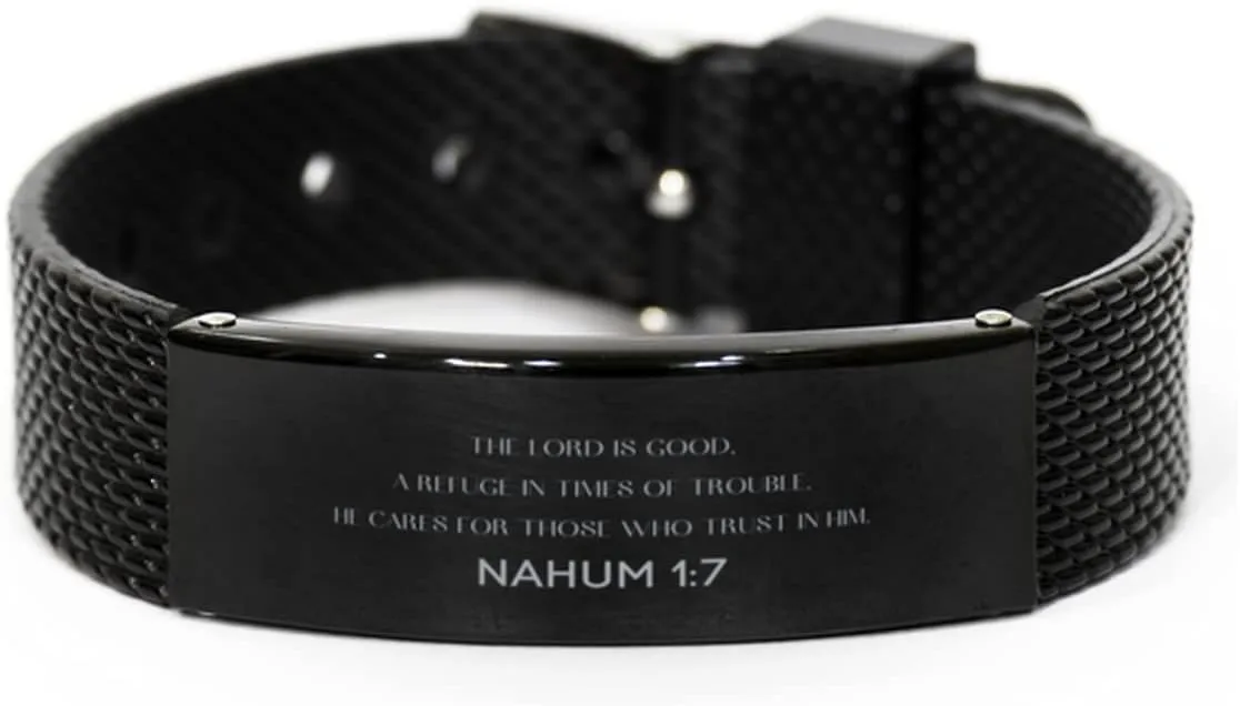 Nahum 1:7 Christian Black Shark Mesh Bracelet Gifts, Faith Message Prayer Nahum 1:7 Religious Bracelets for Women Men Nahum 1:7 Bible Verse Inspirational Mantra Adjustable Bracelet Power of Faith The