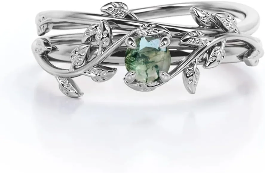 Natural Moss Agate Ring 925 Sterling Silver Green Moss Agate Ring Promise Ring Engagement Wedding Jewelry Gift for Women