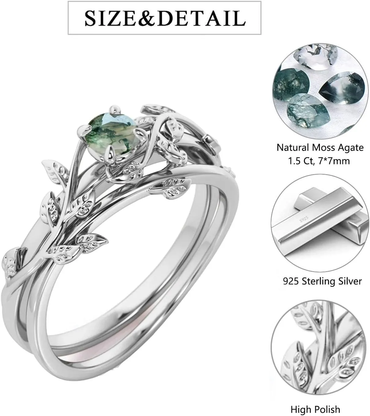 Natural Moss Agate Ring 925 Sterling Silver Green Moss Agate Ring Promise Ring Engagement Wedding Jewelry Gift for Women