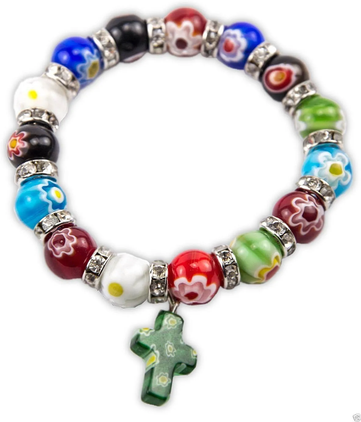 Nazareth Store Millefiori Glass Bracelet with Cross Murano Glass Rainbow Beaded Bracelet Spiritual Handmade Religious Gift