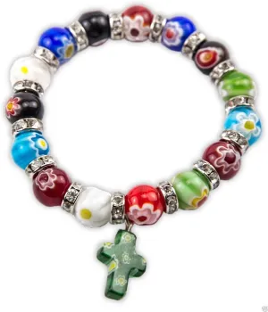 Nazareth Store Millefiori Glass Bracelet with Cross Murano Glass Rainbow Beaded Bracelet Spiritual Handmade Religious Gift