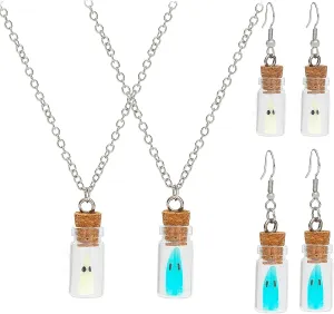 NEWITIN 6 Pieces Ghost Jewelry Set for Women Pendant Necklace Glow In Dark Jewels Ghost In A Bottle Earrings Necklace Halloween Christmas Jewelry for Men Women