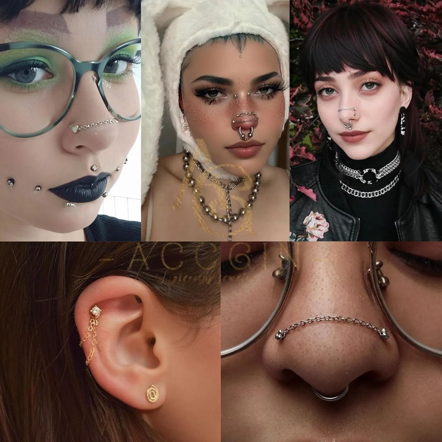 Nose Ring Chain Across Nose Stainless Steel Nostril Nose Piercing Chain with Cubic Zirconia Nose Screw Bone L-Shaped Ring for Women Men Body Piercing Nostril Jewelry with Bridge Chain