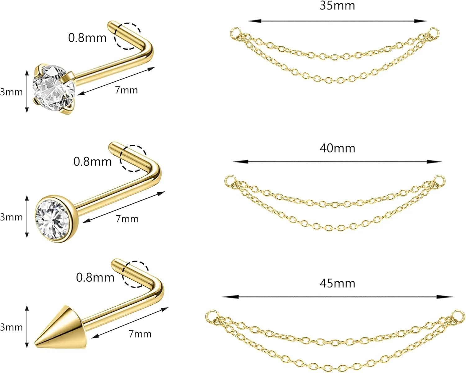 Nose Ring Chain Across Nose Stainless Steel Nostril Nose Piercing Chain with Cubic Zirconia Nose Screw Bone L-Shaped Ring for Women Men Body Piercing Nostril Jewelry with Bridge Chain