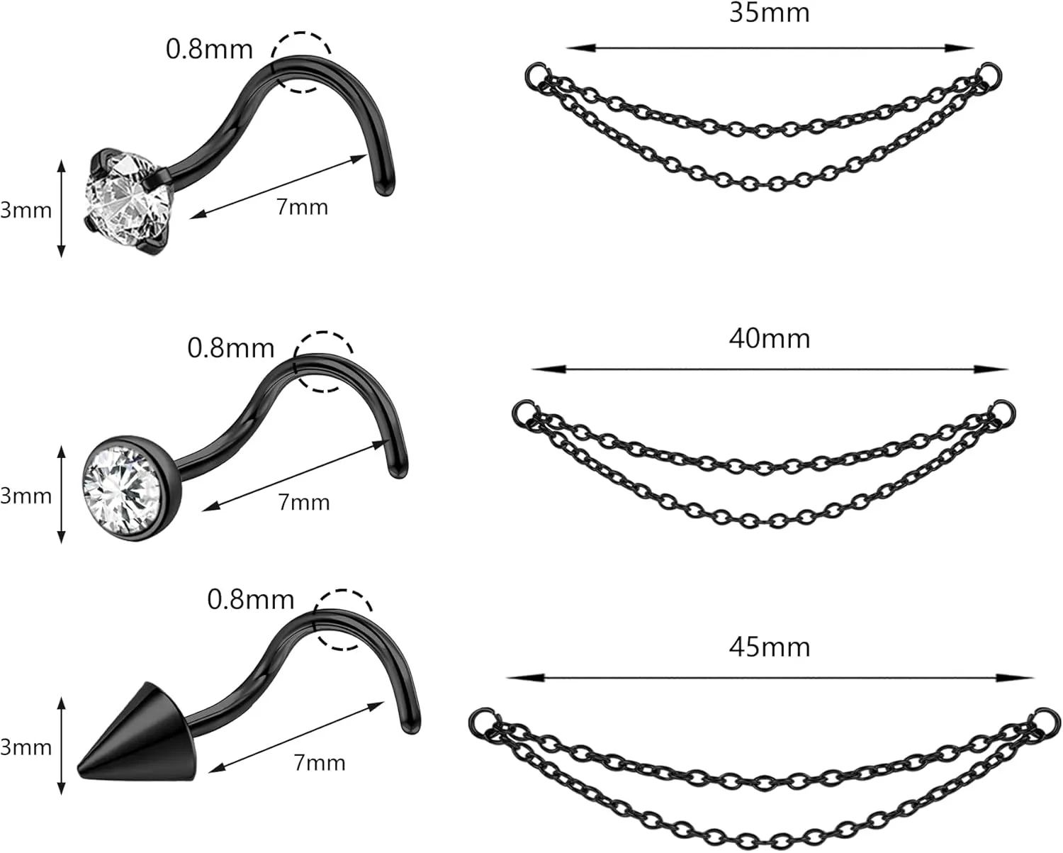 Nose Ring Chain Across Nose Stainless Steel Nostril Nose Piercing Chain with Cubic Zirconia Nose Screw Bone L-Shaped Ring for Women Men Body Piercing Nostril Jewelry with Bridge Chain
