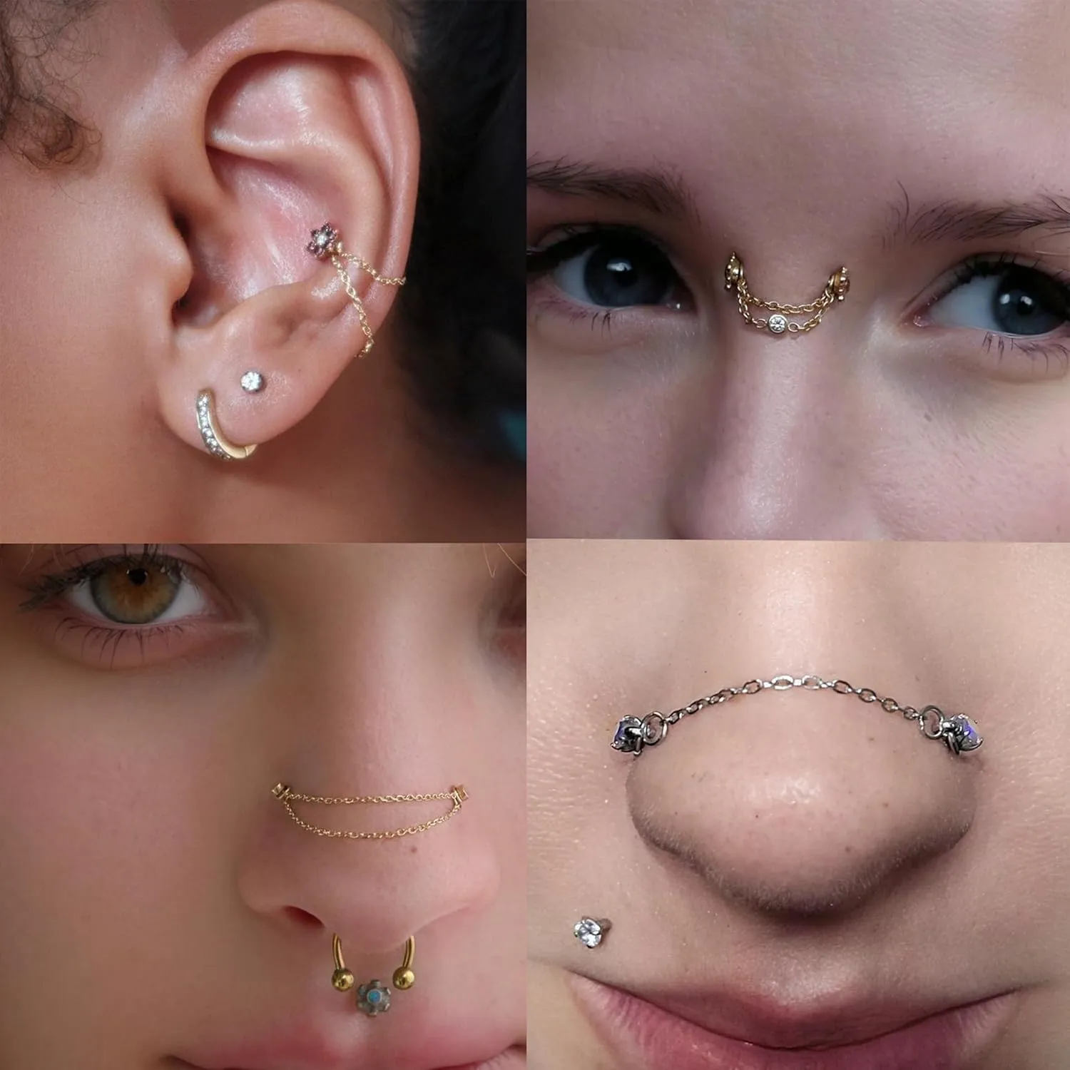 Nose Ring Chain Across Nose Stainless Steel Nostril Nose Piercing Chain with Cubic Zirconia Nose Screw Bone L-Shaped Ring for Women Men Body Piercing Nostril Jewelry with Bridge Chain