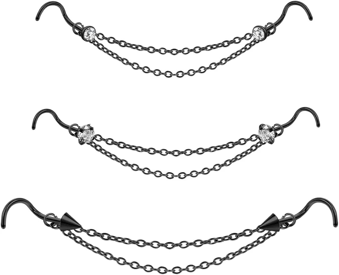 Nose Ring Chain Across Nose Stainless Steel Nostril Nose Piercing Chain with Cubic Zirconia Nose Screw Bone L-Shaped Ring for Women Men Body Piercing Nostril Jewelry with Bridge Chain
