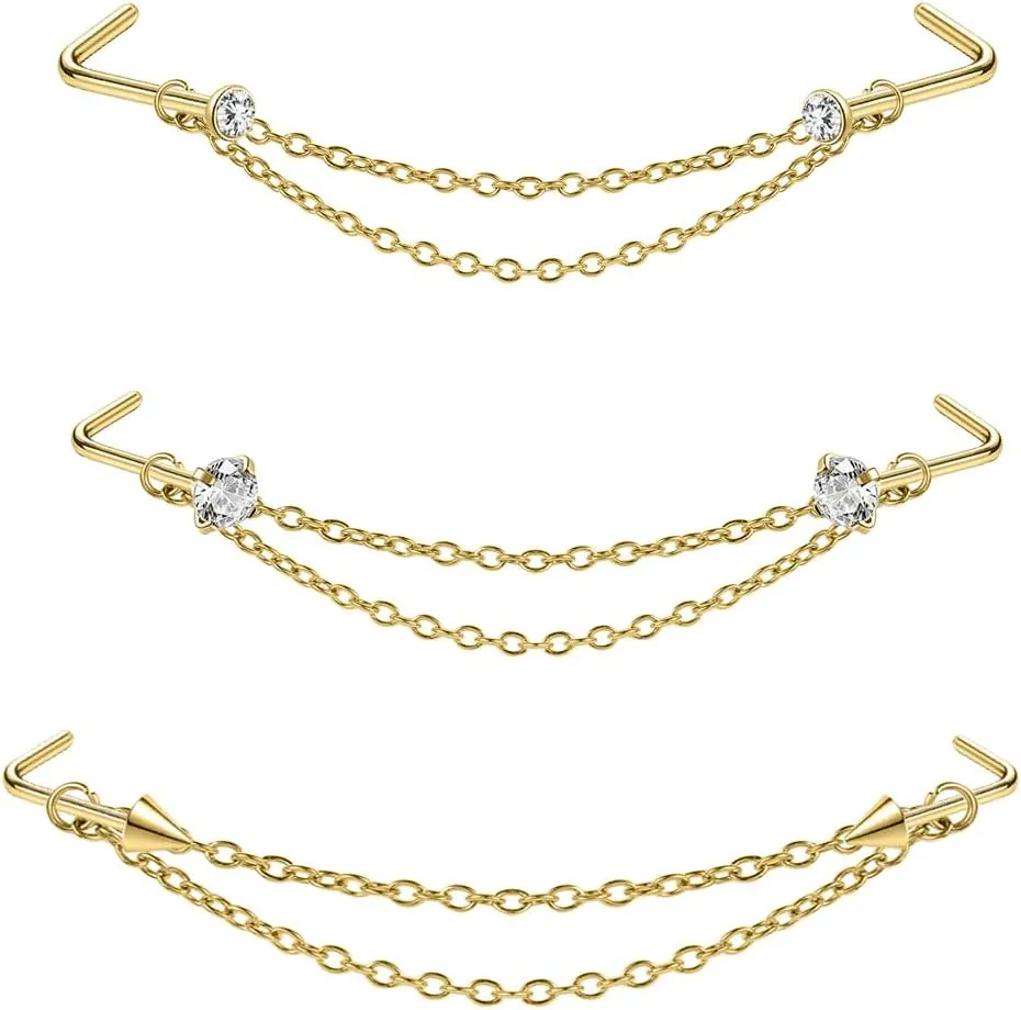 Nose Ring Chain Across Nose Stainless Steel Nostril Nose Piercing Chain with Cubic Zirconia Nose Screw Bone L-Shaped Ring for Women Men Body Piercing Nostril Jewelry with Bridge Chain