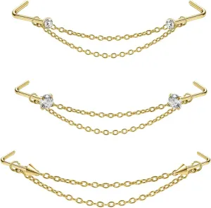 Nose Ring Chain Across Nose Stainless Steel Nostril Nose Piercing Chain with Cubic Zirconia Nose Screw Bone L-Shaped Ring for Women Men Body Piercing Nostril Jewelry with Bridge Chain