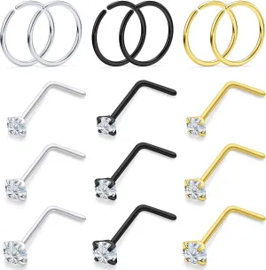 Nose Rings and Studs 20/18g Gold Black Surgical Steel L Shape Nostril Piercing Jewelry for Women