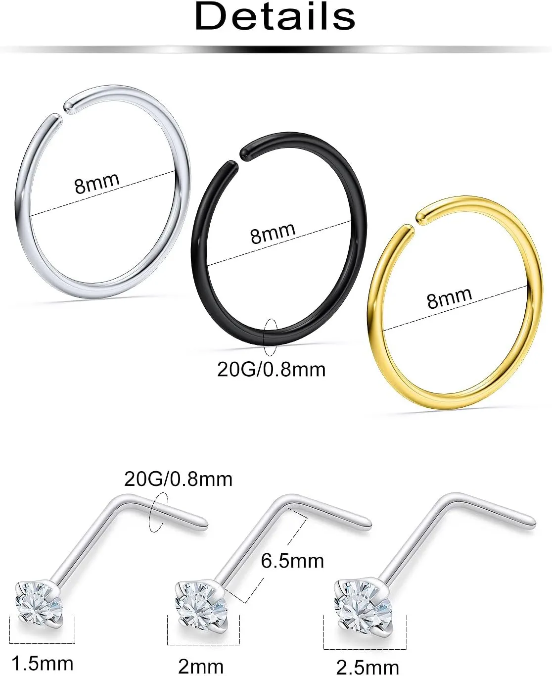 Nose Rings and Studs 20/18g Gold Black Surgical Steel L Shape Nostril Piercing Jewelry for Women