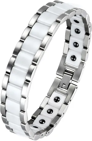 OIDEA Mens Bracelet Gift for Dad Father - 13MM Wide Watch Band Stainless Steel Link Bracelet Two-Tone White Ceramic Bracelet Jewelry with Gift Box, 8.1Inch