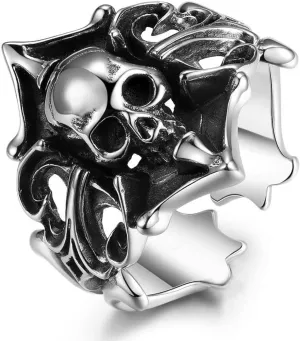 OIDIMS Vintage Skull Pirate Open Rings Sterling Silver Plated Punk Statement Sailor Death Halloween Cocktail Party Biker Adjustable Ring for Men Women Comfort Fit Fashion Jewelry Father Gift