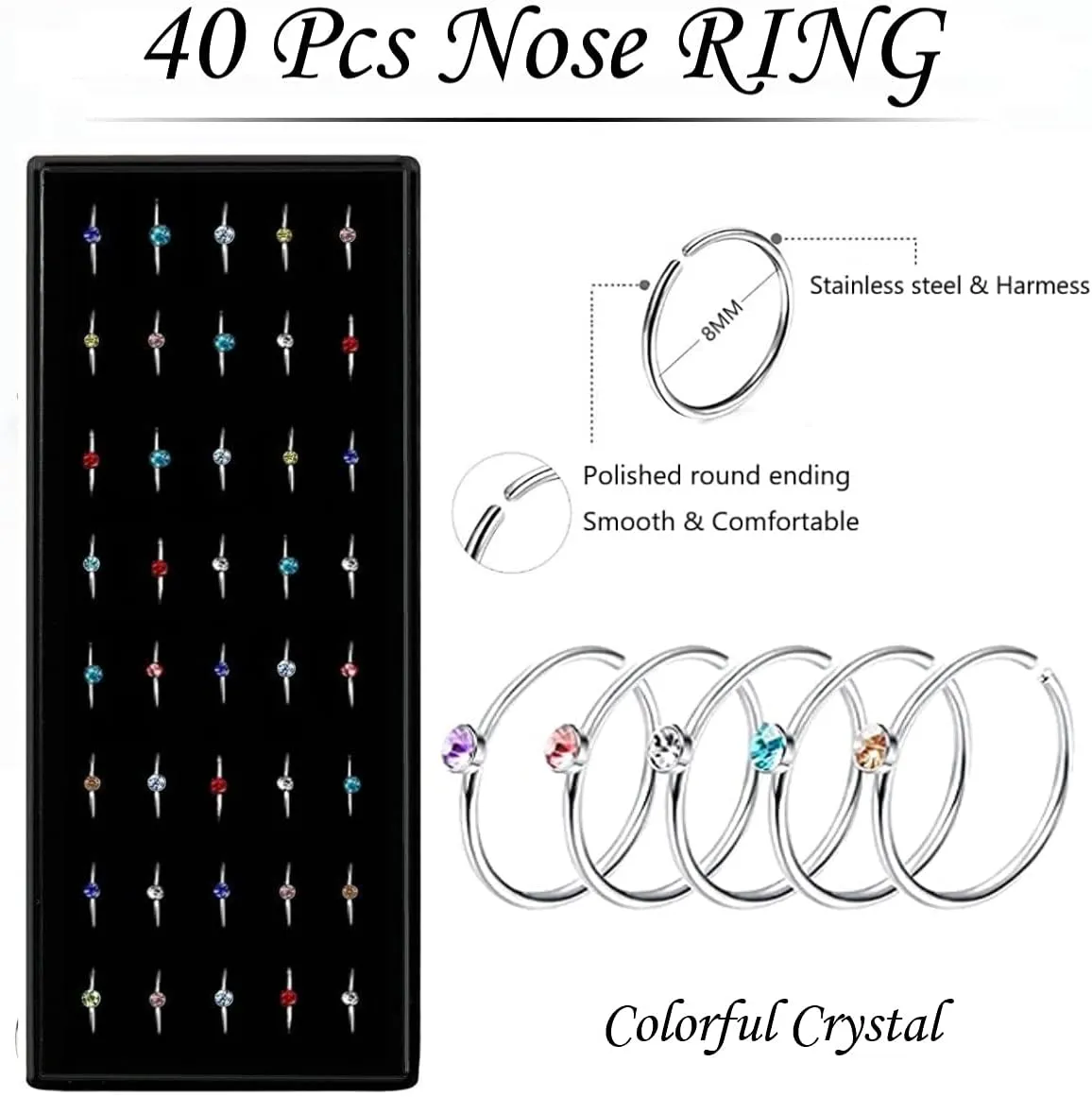 OMAIGAR 3 Boxes 120 Pcs Nose Rings Studs 40 Pcs Nose Rings Hoops, Stainless Steel Nose Piercings Body Jewelry, Ideal Gift with Cute Package
