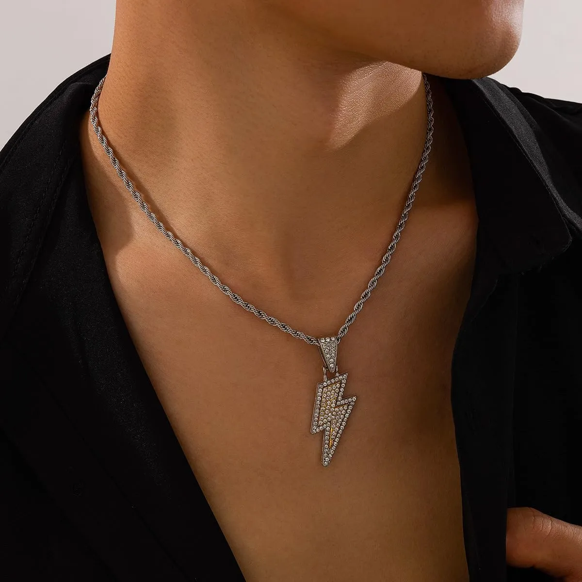 ONLYJUMP Hip Hop Lightning Bolt Necklace for Men Women 18K Gold Plated Lightning Bolt Necklace Cubic Zirconia Rock Punk Totem Pendant Jewelry Gift