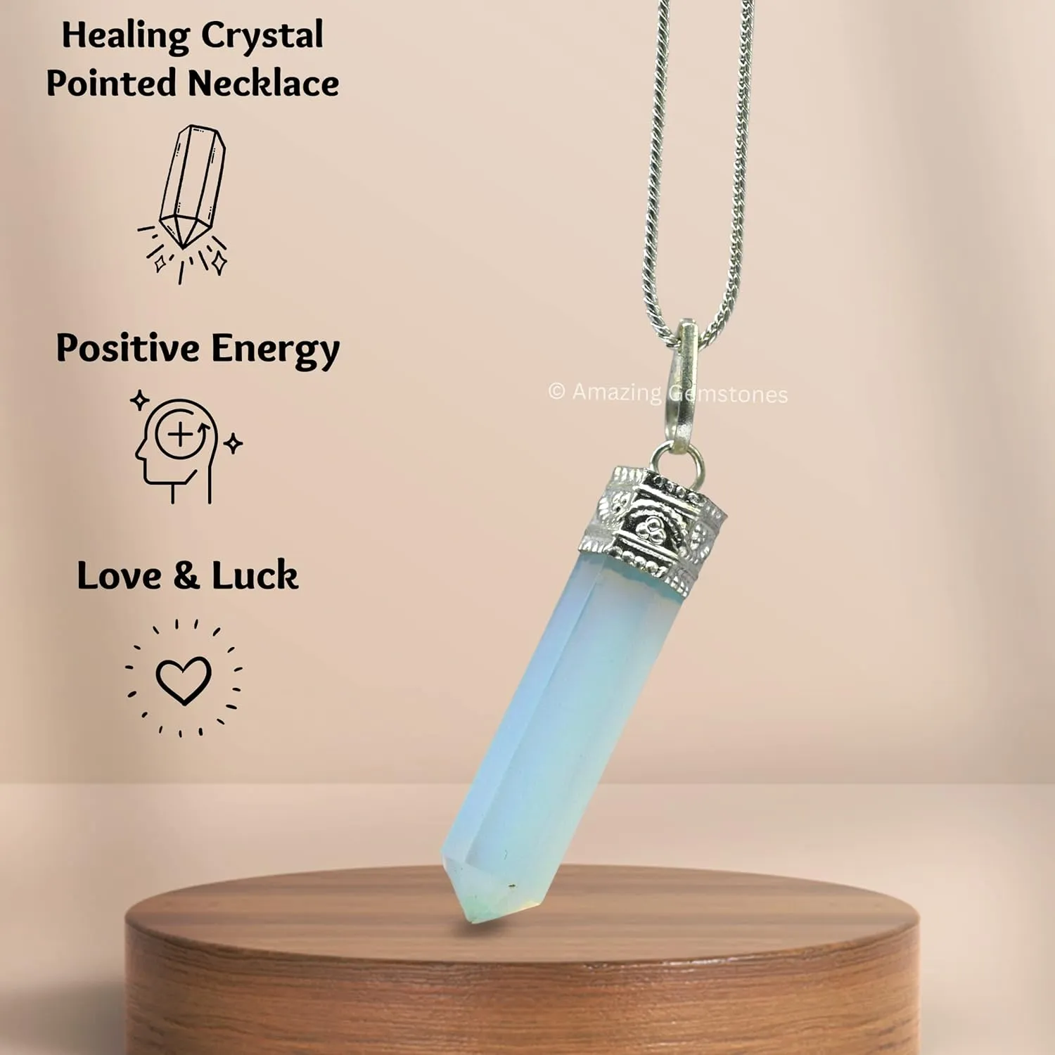 Opalite Crystal Pencil Point Pendant Necklace with Adjustable Cord - Natural Healing Crystals and Stones for Men, Women
