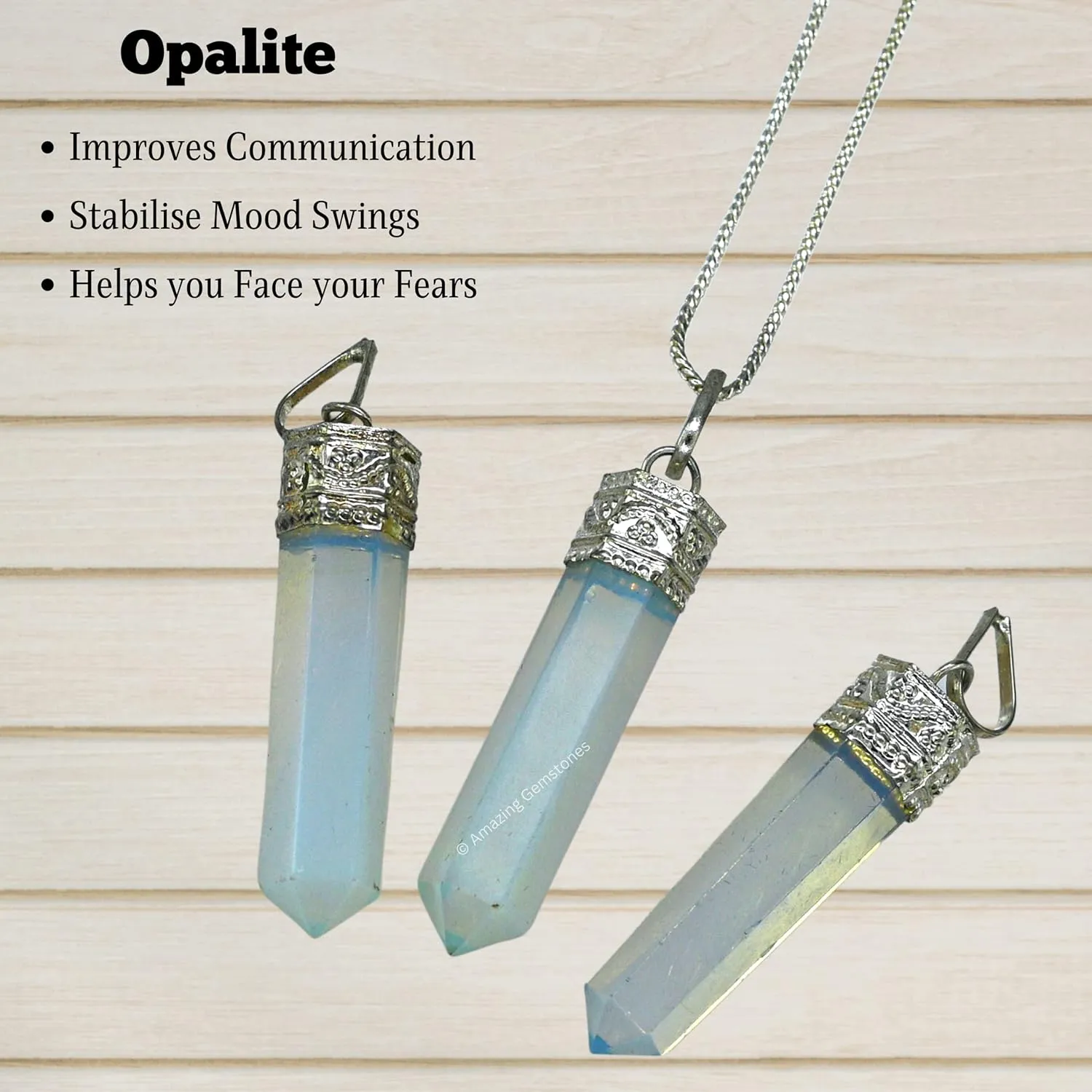 Opalite Crystal Pencil Point Pendant Necklace with Adjustable Cord - Natural Healing Crystals and Stones for Men, Women