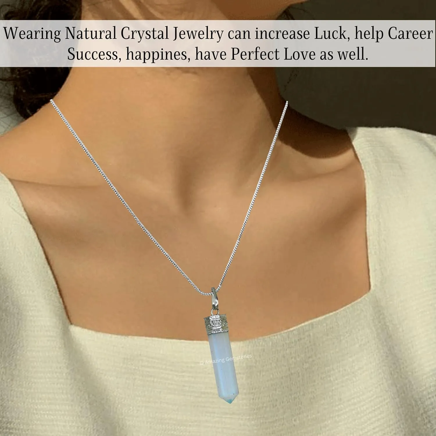 Opalite Crystal Pencil Point Pendant Necklace with Adjustable Cord - Natural Healing Crystals and Stones for Men, Women