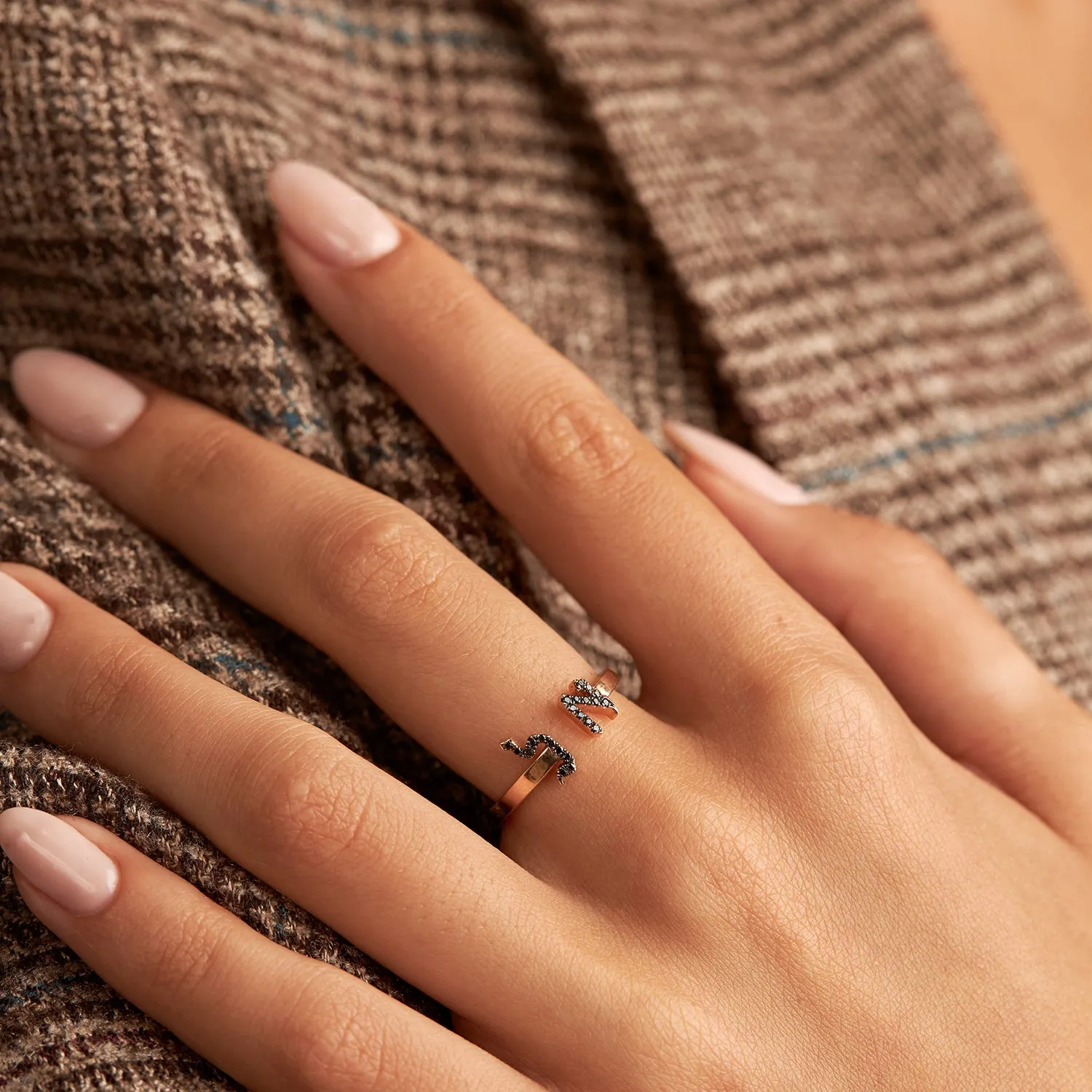 Open Encrusted Aleph-Bet Ring Black Diamonds