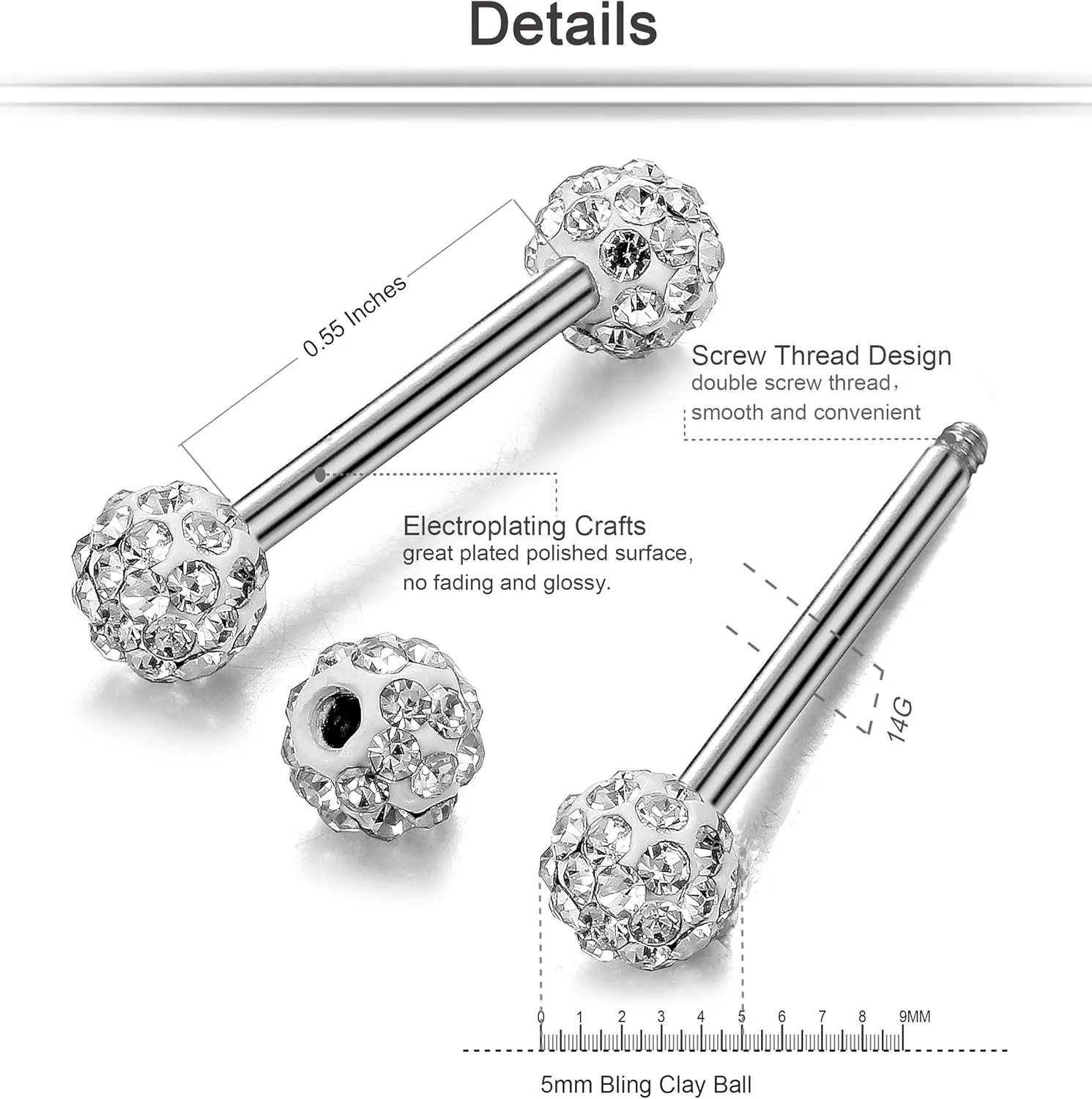 ORAZIO 6-8 Pcs 14G 316L Stainless Steel CZ Nipple Piercing Barbell Belly Button Ring for Women