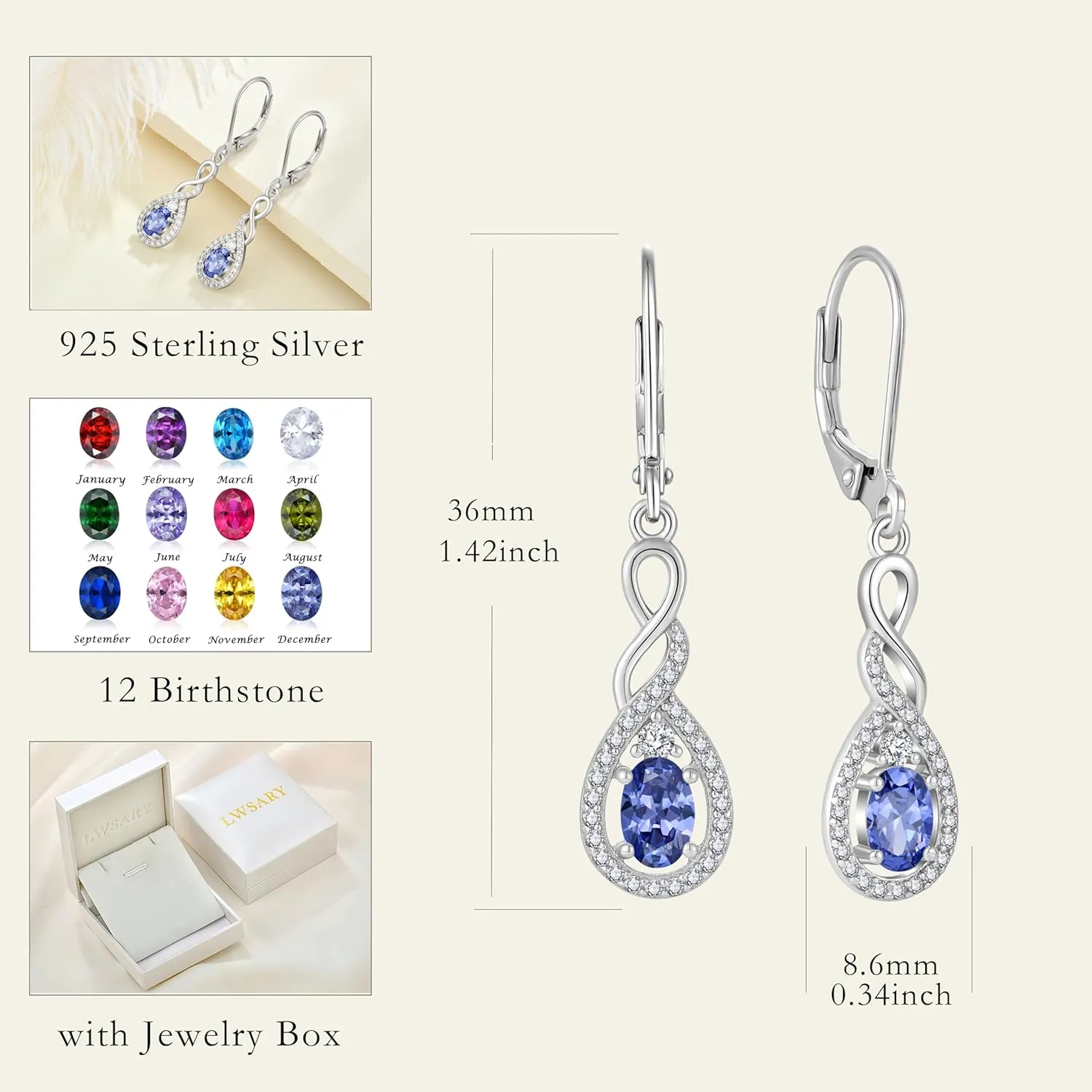 Oval Cut Dangle Drop Earrings 925 Sterling Silver Infinity Twisted Leverback Earrings Birthstone Jewelry for Women