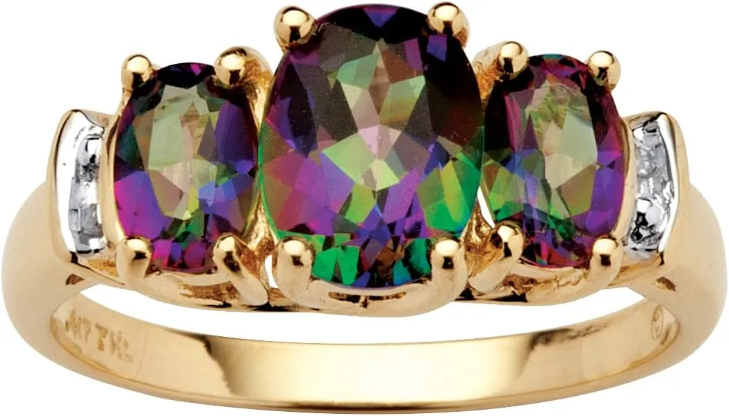 PalmBeach 10K Yellow Gold Oval Cut Genuine Mystic Fire Topaz and Diamond Accent 3-Stone Ring Sizes 6-10