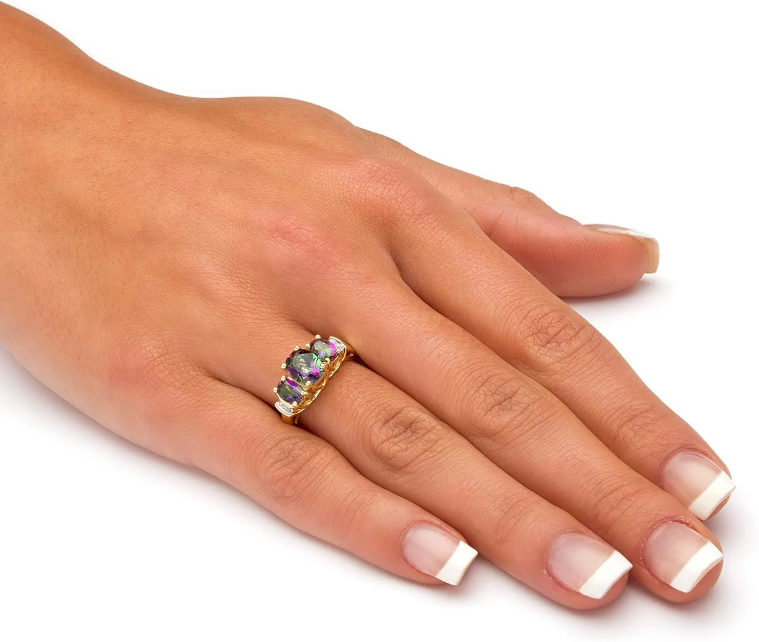 PalmBeach 10K Yellow Gold Oval Cut Genuine Mystic Fire Topaz and Diamond Accent 3-Stone Ring Sizes 6-10