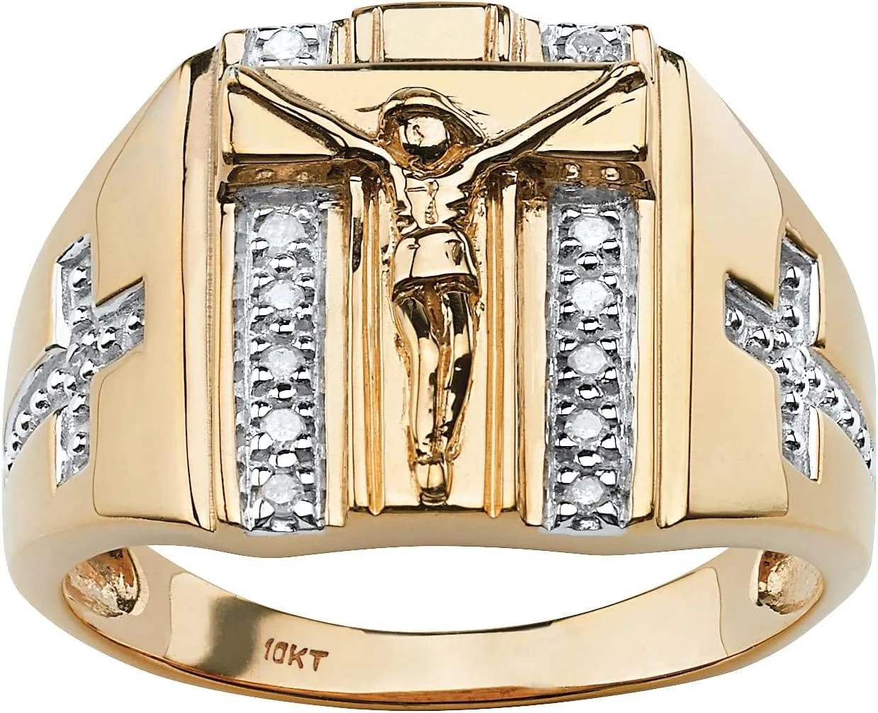 PalmBeach Men's 10K Yellow Gold Round Genuine Diamond Crucifix and Cross Ring (1/8 cttw, I Color, I3 Clarity) Sizes 9-13